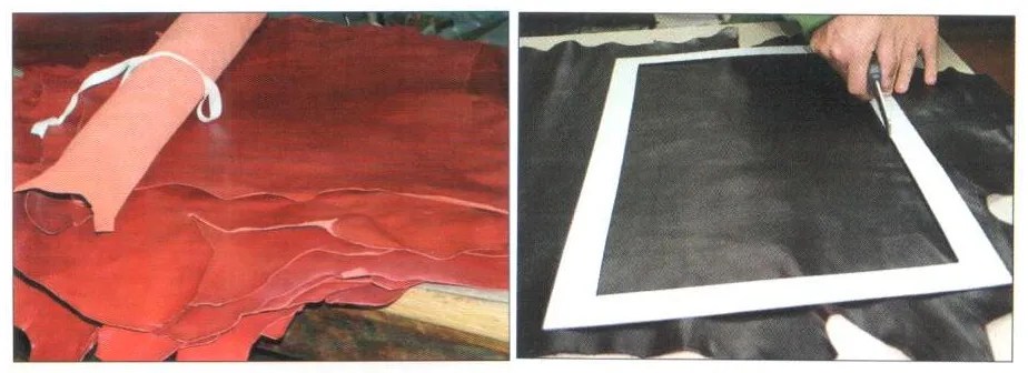 Dos imágenes del proceso de selección de las pieles para la encuadernación del facsímil.