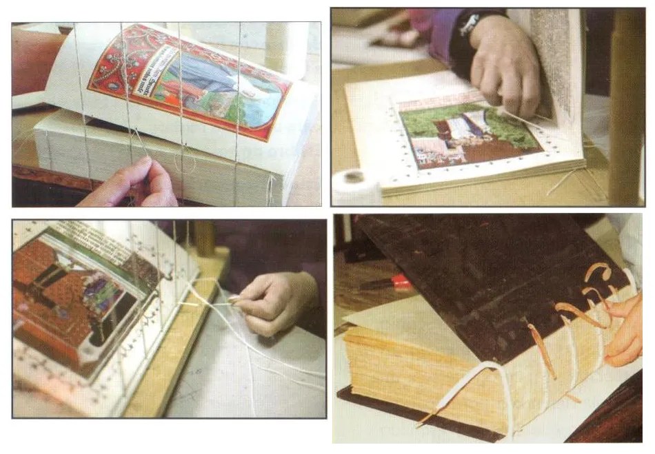 Cuatro imágenes donde se ven diferentes etapas del cosido de los pliegos de un facsímil en un telar.