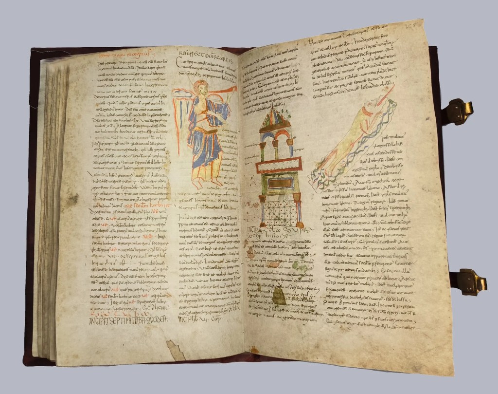 Imagen del facsímil del Beato de Ginebra: "El ángel de la séptima trompeta" y "El templo con el arca y la bestia del abismo", Editorial Siloé