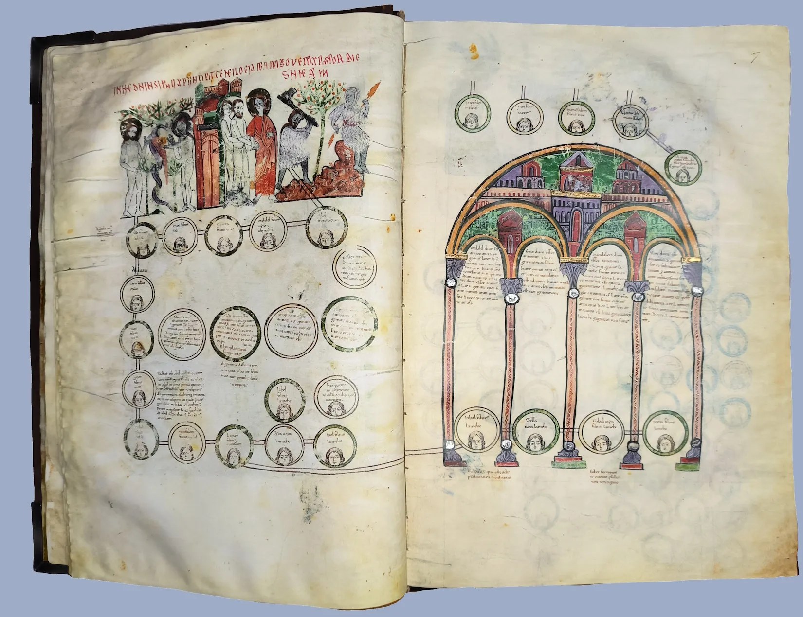 Imagen del facsímil del Beato del Monasterio de Santa María la Real de las Huelgas de Burgos: "Tablas genealógicas; Caída, Expulsión, Trabajos de Adán y Eva", Editorial Scriptorium