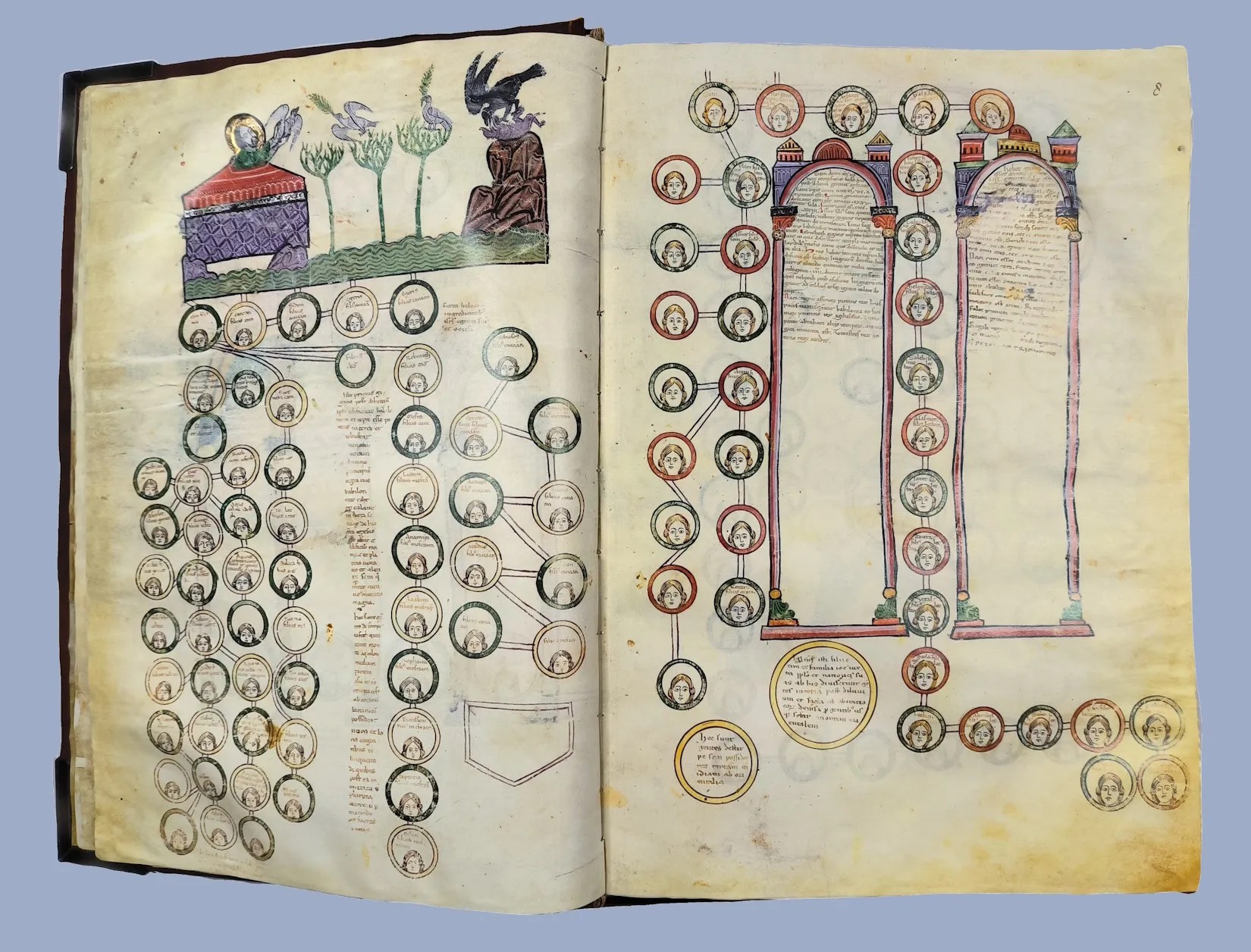 Imagen del facsímil del Beato del Monasterio de Santa María la Real de las Huelgas de Burgos: "Tablas genealógicas; Caída, Expulsión, Trabajos de Adán y Eva", Editorial Scriptorium