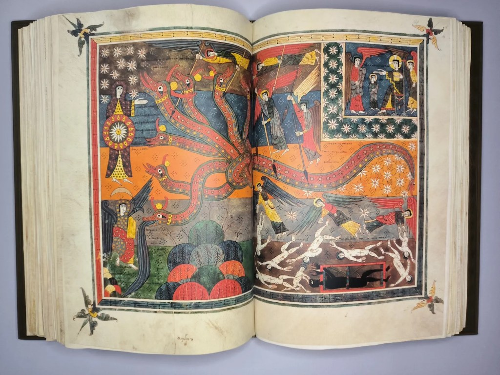 Imagen del facsímil del Beato del Monasterio de Santo Domingo de Silos: "La lucha de la serpiente contra el hijo de la mujer", Editorial Moleiro