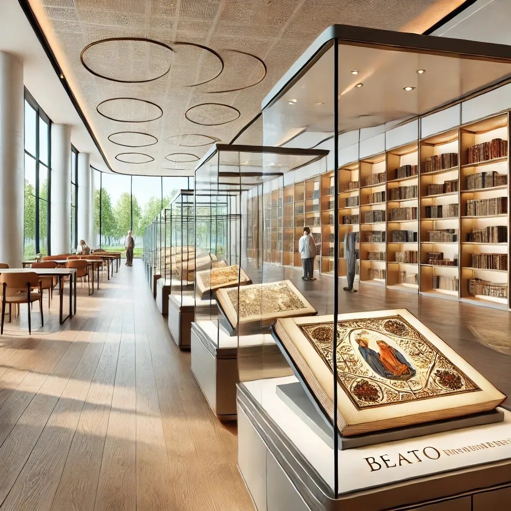 Imagen de la representación de unos Beatos expuestos en una biblioteca moderna