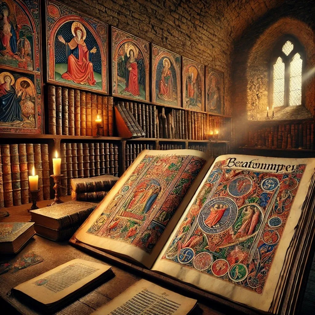 Imagen generada de un Beato de Liébana sobre una mesa situada en la sala de una biblioteca antigua en la que se ven estanterias con grandes codices y varios cuadros de lo que parecen ser santos