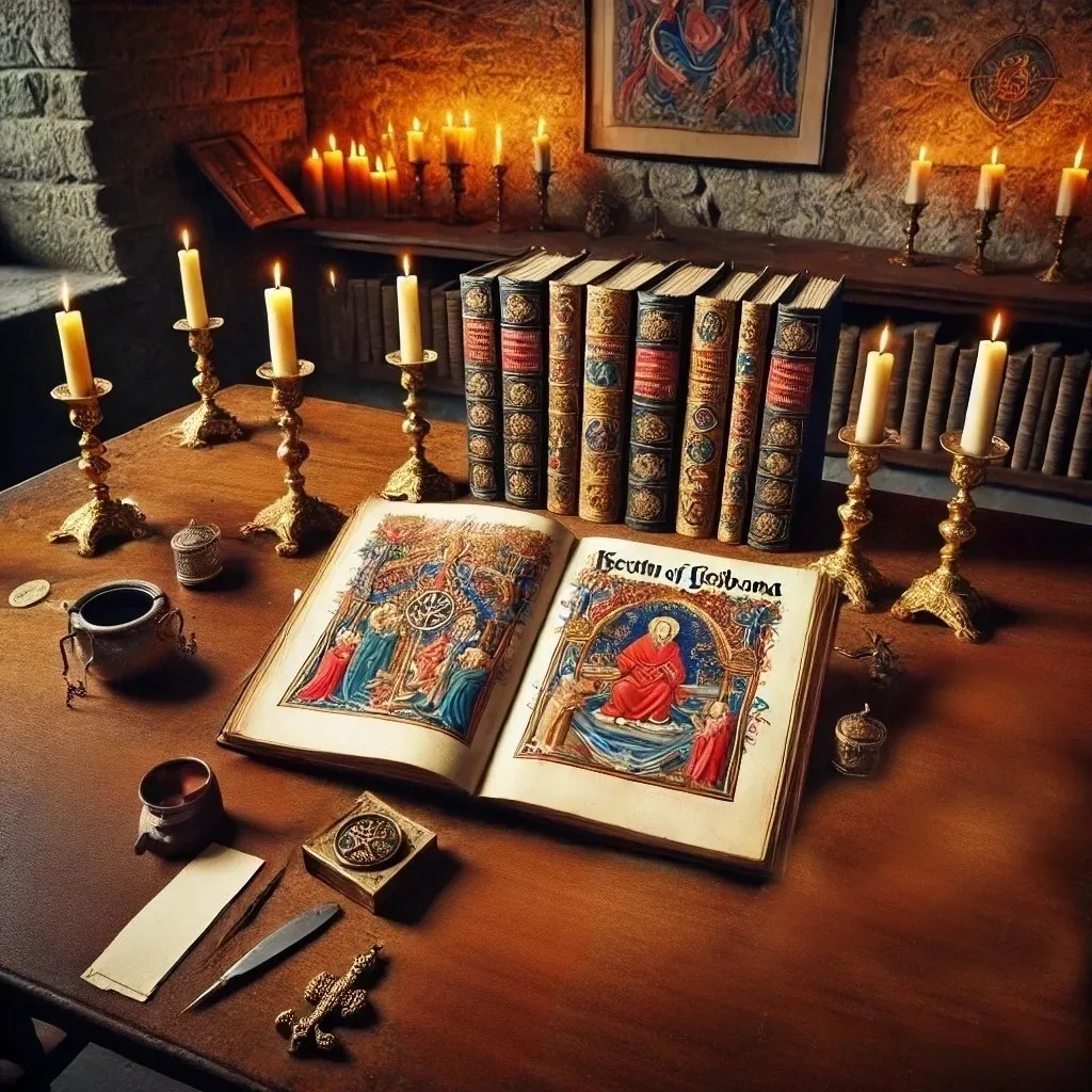 Imagen de la representación de un Beato abierto sobre una mesa, en la que se pueden observar otros códices apilados. Todo ello dentro de una estancia que parece pertenecer a un monasterio, castillo o biblioteca antigua.