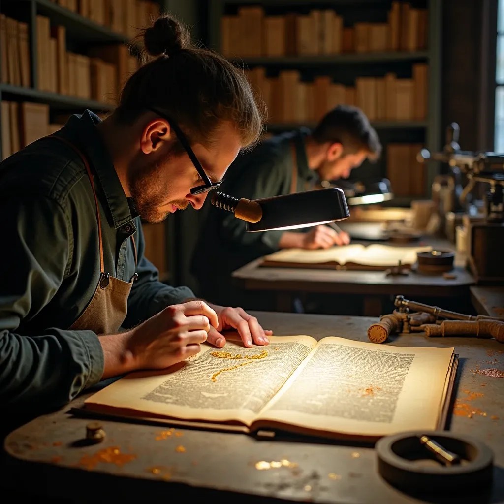 Trabajadores, cada uno en su mesa, observando atentamente cada pequeño detalle de un facsímil para controlar la calidad del producto final.