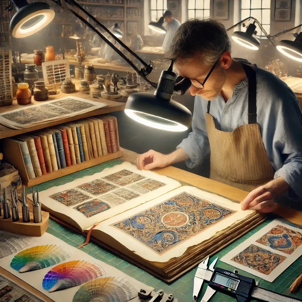 Imagen donde se ve una persona trabajando sobre un manuscrito con elementos de medición y muestras de colores. Mirando todo detalladamente con herramientas de visión iluminadas.