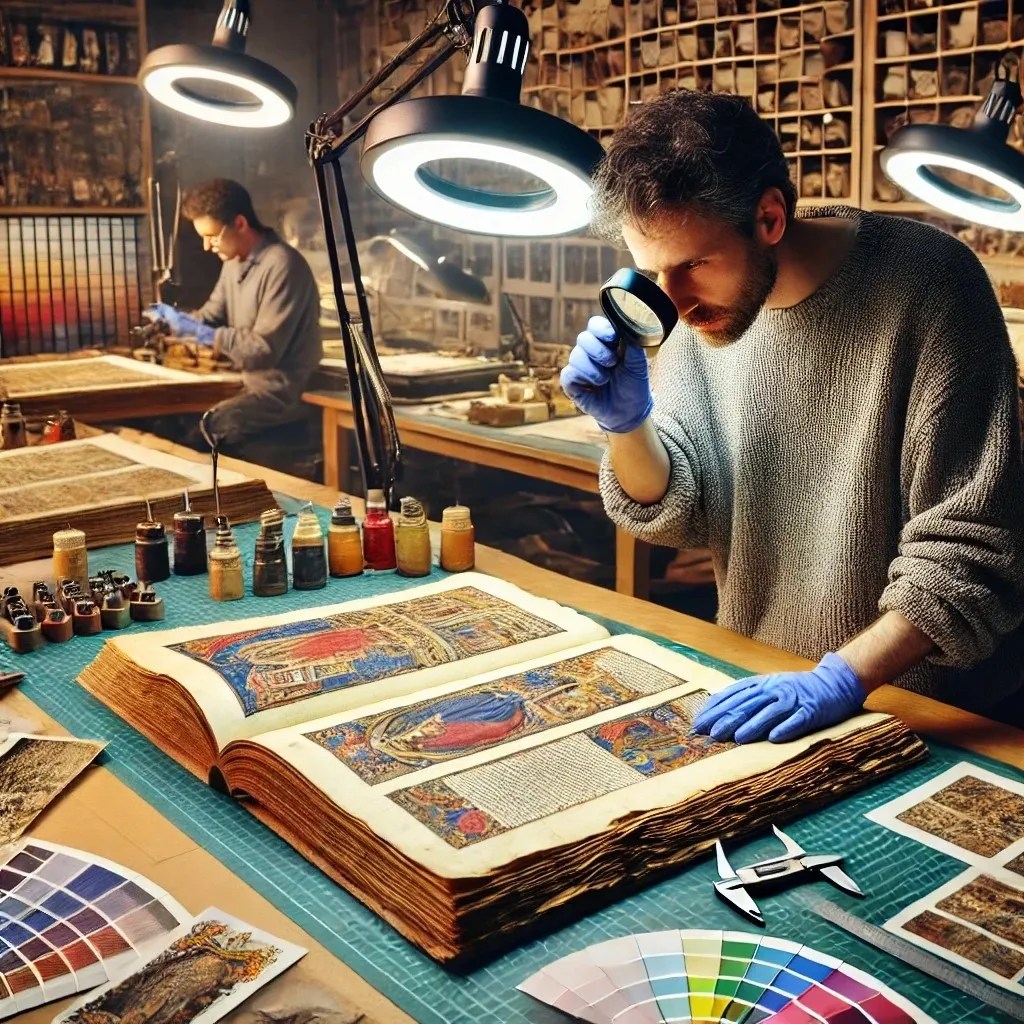 Imagen donde se ve una persona trabajando sobre un manuscrito con elementos de medición y muestras de colores. Mirando todo detalladamente con una lupa y una buena iluminación.