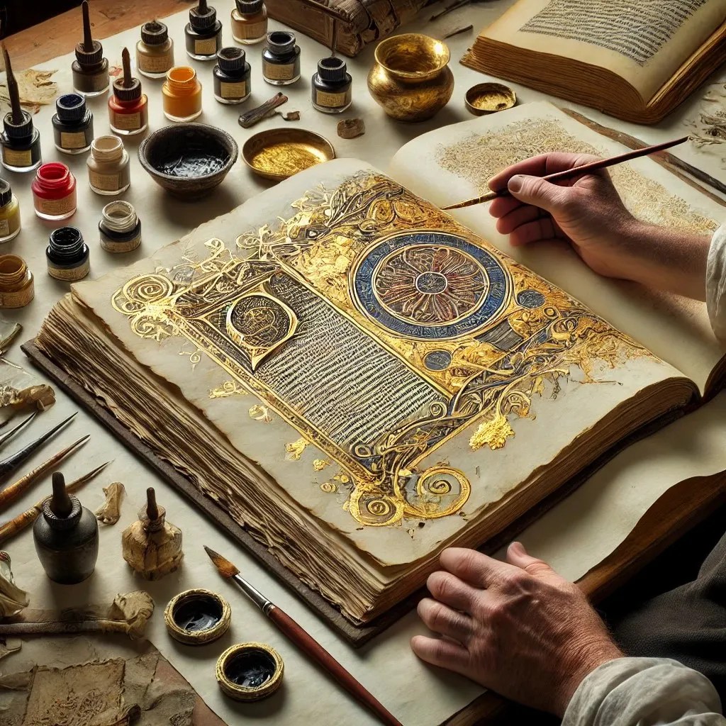 Representación de una persona realizando la reproducción de los detalles artísticos de un facsímil. Se aprecian los distintos tipos de pintura y pinceles que utiliza durante el proceso.