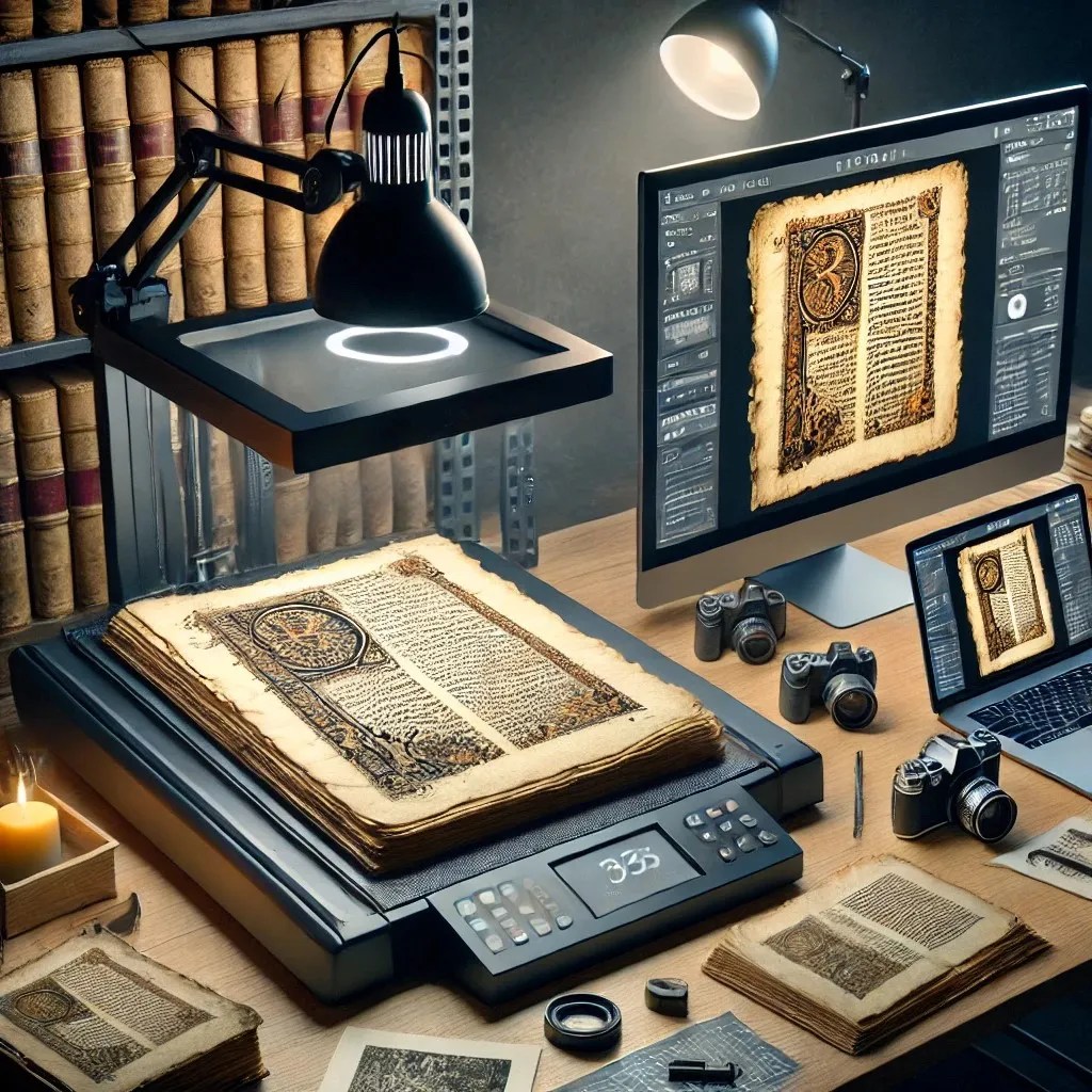 Representación de un escáner trabajando sobre un manuscrito, pudiéndose apreciar el los ordenadores adyacentes la imagen de la página escaneada del libro.