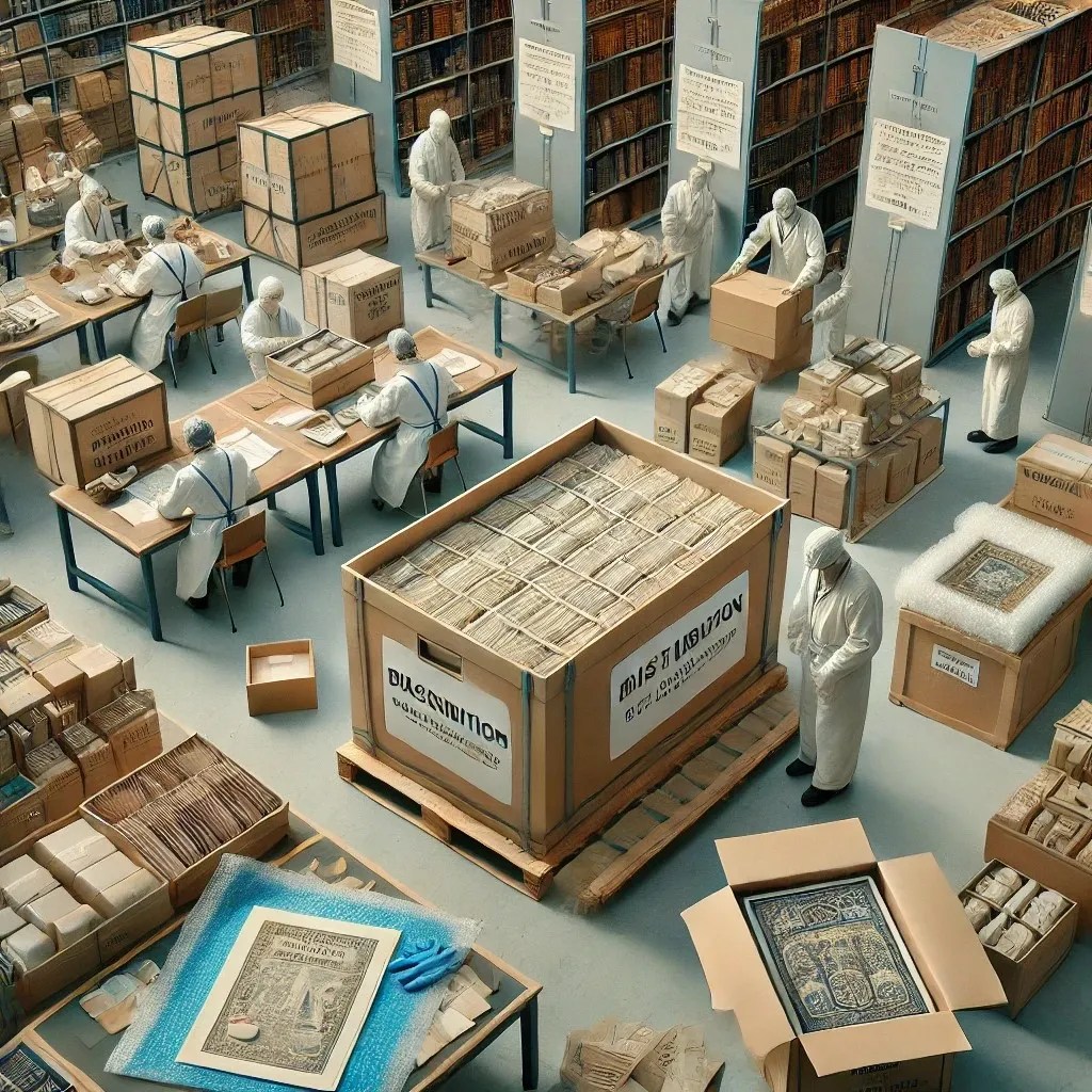 Representación de varios trabajadores realizando tareas de conservación y distribución en un taller