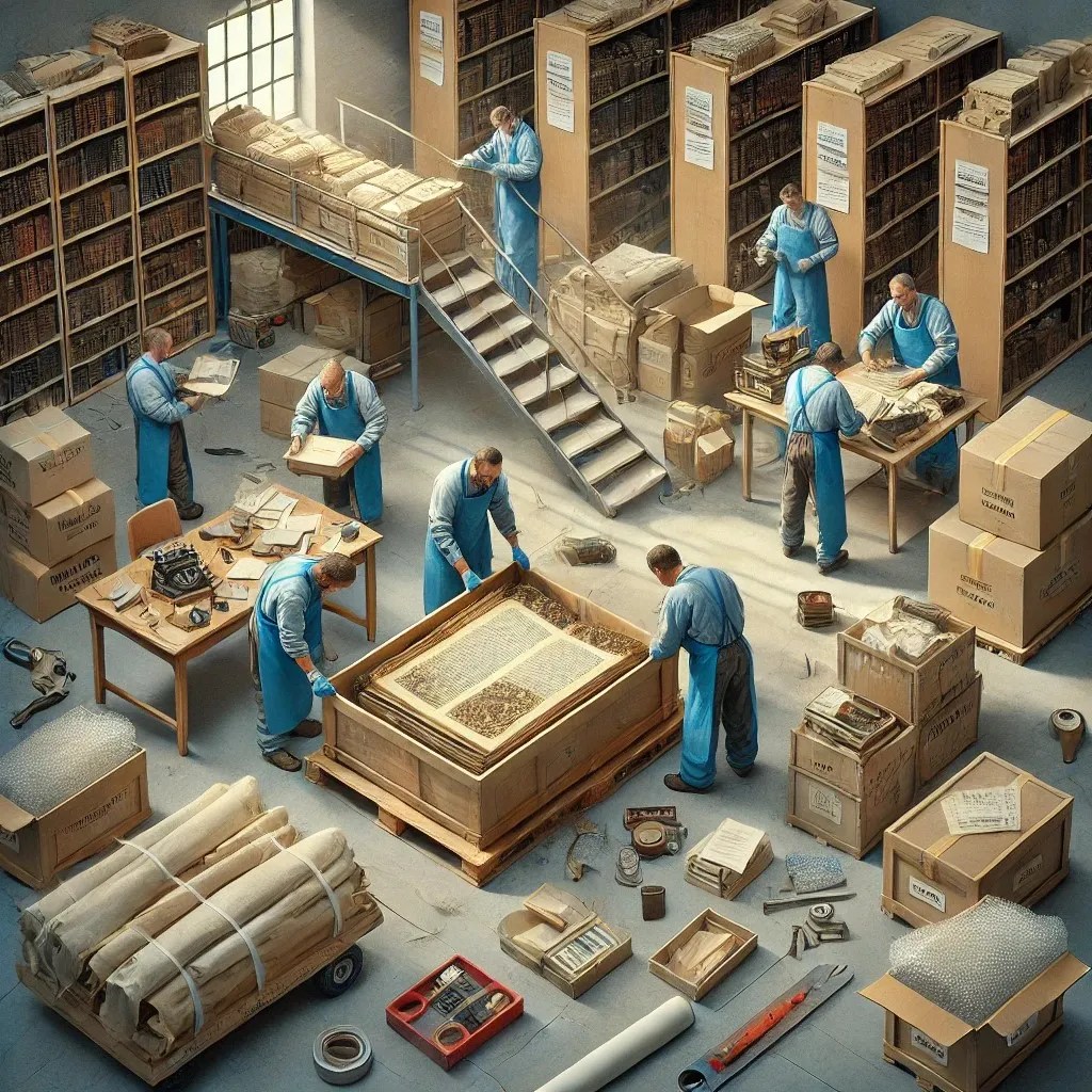 Representación de varios trabajadores realizando tareas de conservación y distribución en un taller