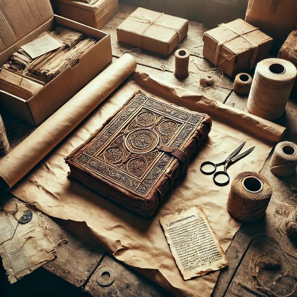 Representación del proceso de conservación de un facsímil, con los materiales y herramientas para envolverlo y conservarlo de forma correcta