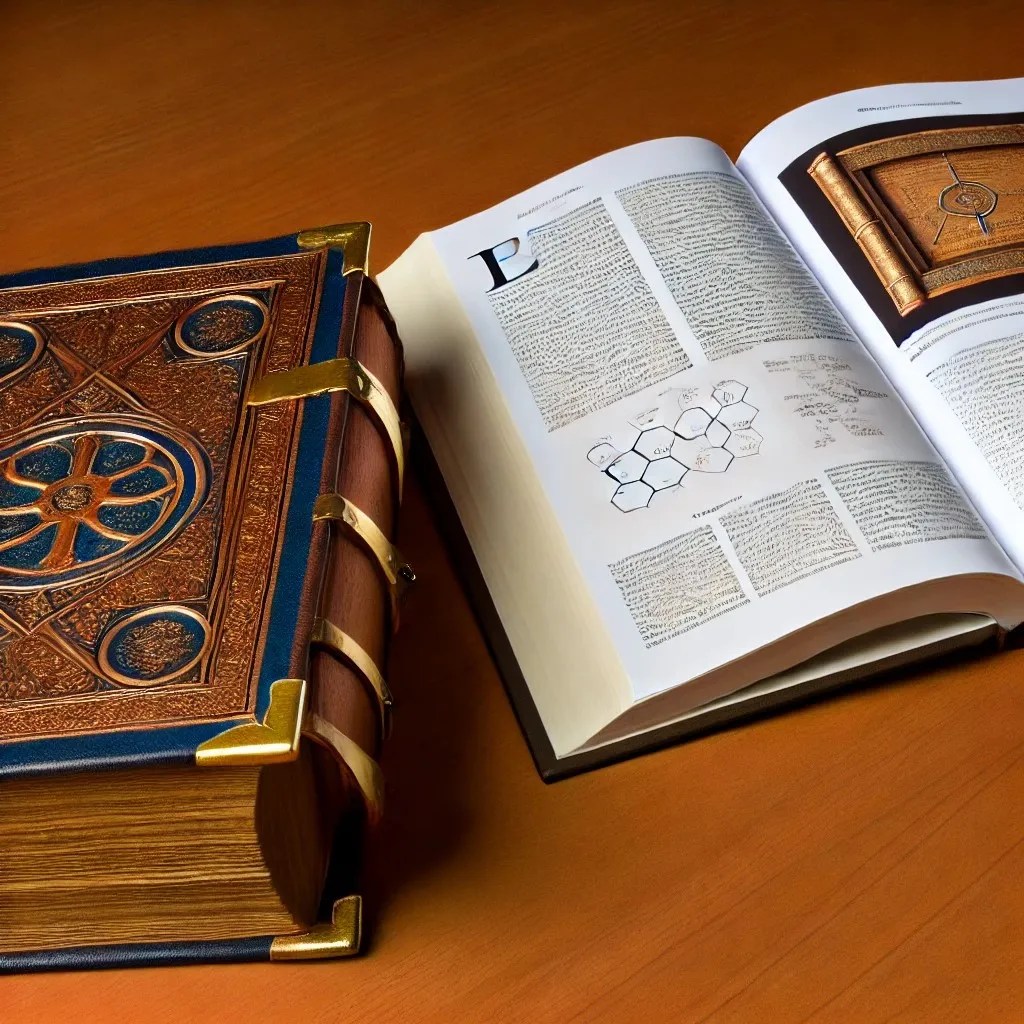 Representación de un facsímil junto a su libro de estudios. Se puede ver cómo por la hoja donde esta abierto el libro de estudios se está analizando la cubierta del facsímil