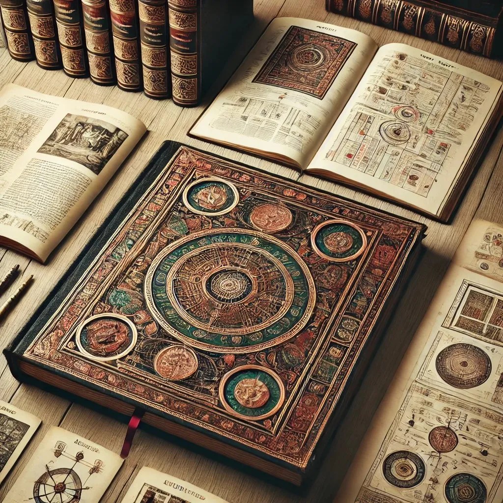 Representación de un facsímil junto a varios libros de estudios. Se puede ver cómo por la hoja donde estan abiertos se está analizando la cubierta del facsímil entre otros aspectos