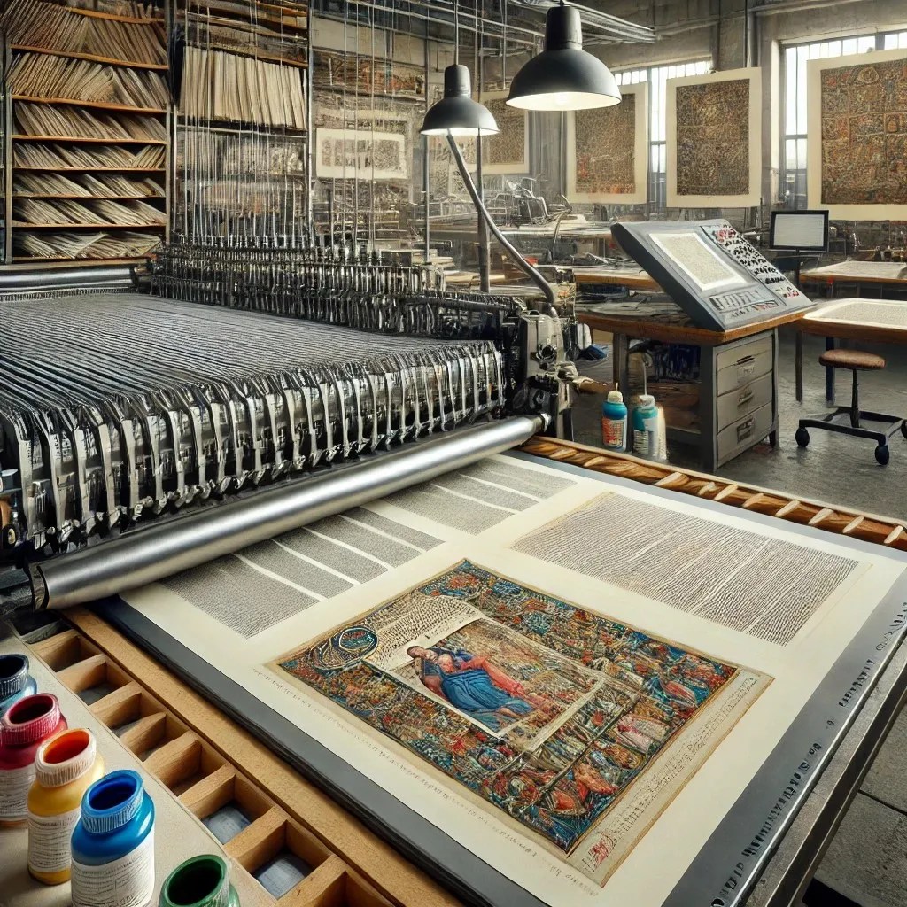 Imagen en la que se ve una gran impresora imprimiendo las páginas de un manuscrito. Al fondo se pueden observar páginas ya impresas y el ordenador que controla la impresora.