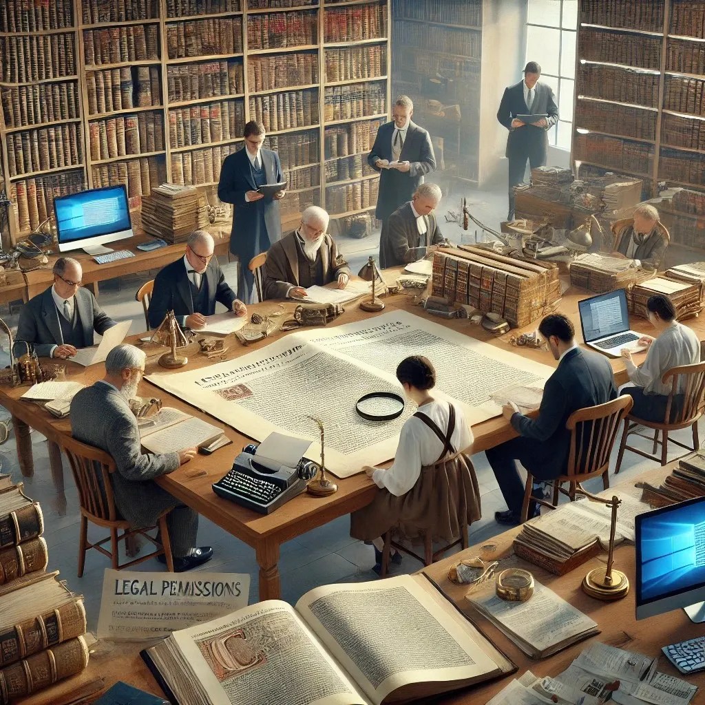 Grupo de expertos sentados alrededor de una mesa realizando el proceso de investigación previa y la obtención de los permisos necesarios para la creación de un facsímil