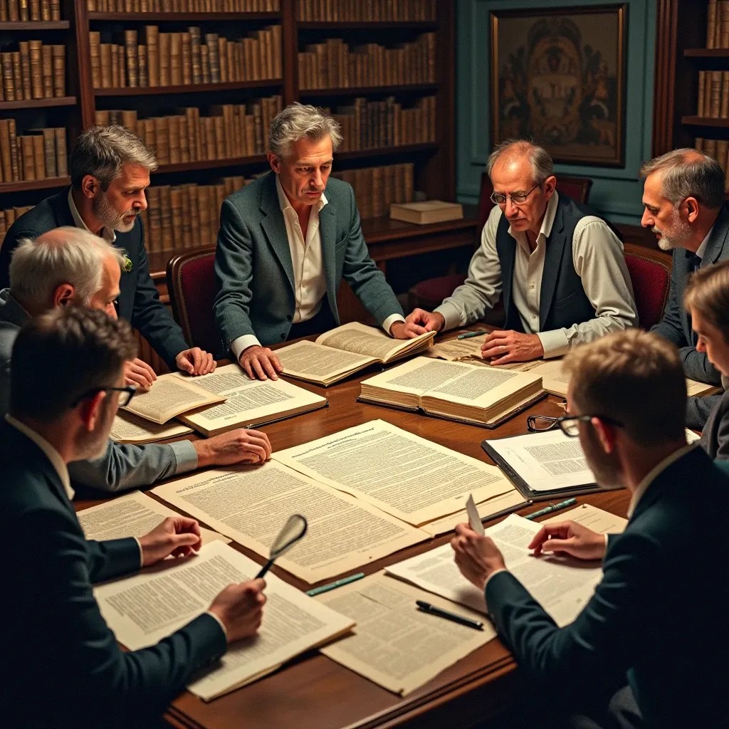 Grupo de expertos sentados alrededor de una mesa realizando el proceso de investigación previa y la obtención de los permisos necesarios para la creación de un facsímil