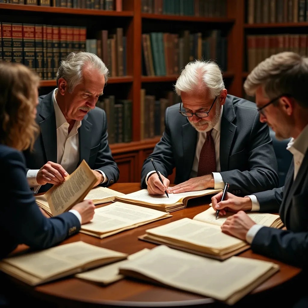 Grupo de expertos sentados alrededor de una mesa realizando el proceso de investigación previa y la obtención de los permisos necesarios para la creación de un facsímil