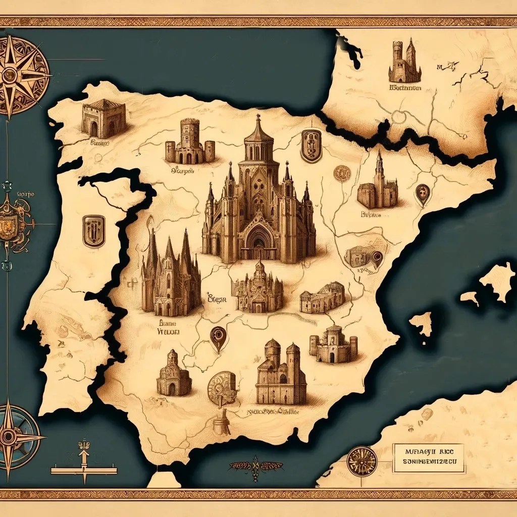 Mapa ficticio de la península ibérica con ilustraciones de monasterios medievales. Representación artística y decorativa sin ubicación real de los sitios.
