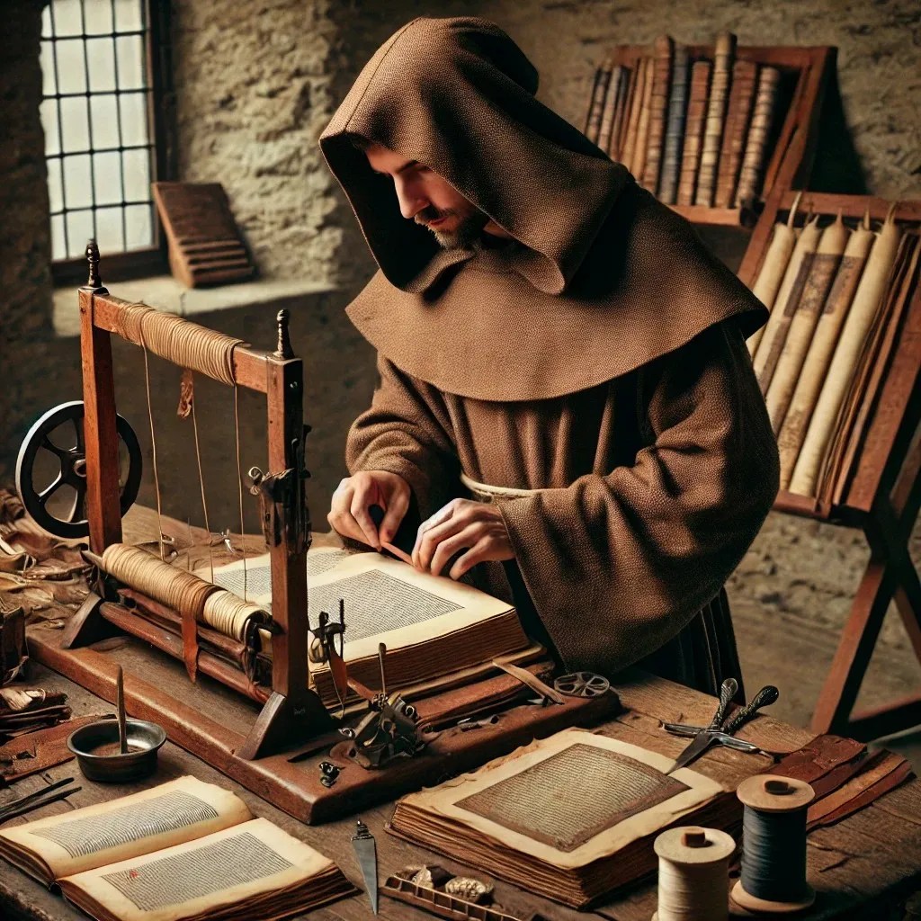 Imagen de la representación imaginaria de un monje trabajando en un telar cosiendo las hojas de un manuscrito
