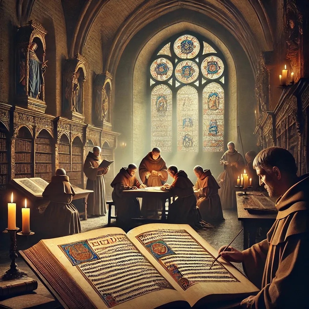 Imagen de la representación simbólica de unos monjes estudiando un Beato