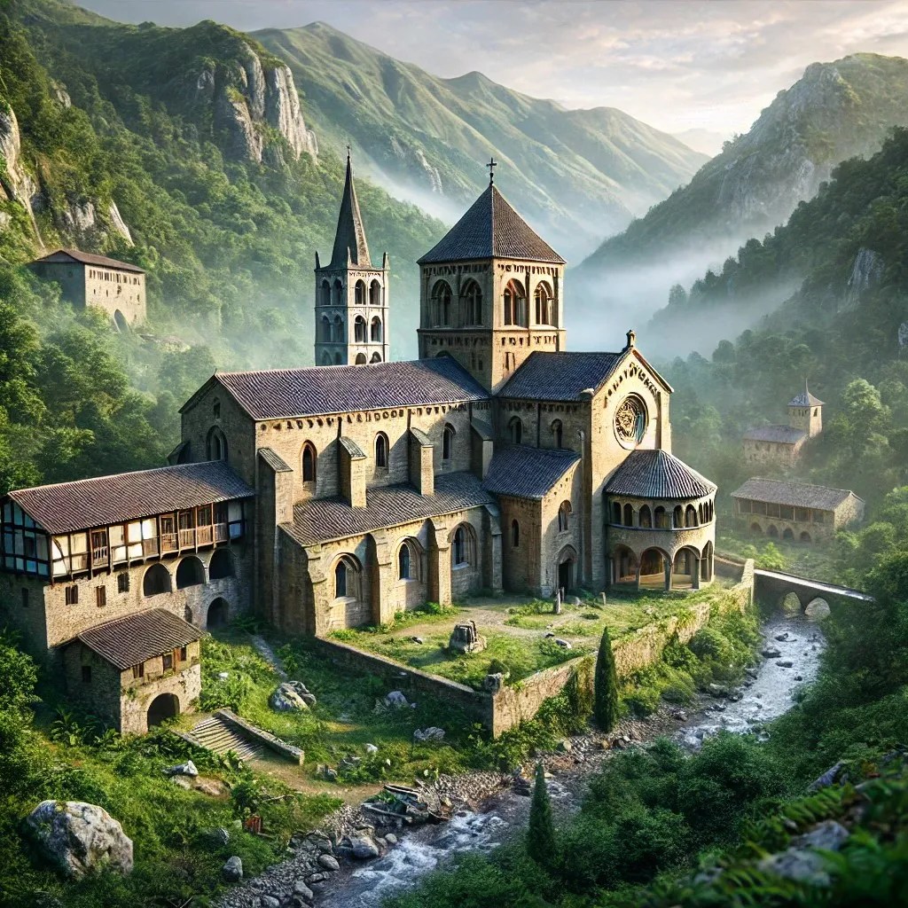 Imagen de la representación de un Monasterio situado en un gran valle a la orilla de un rio