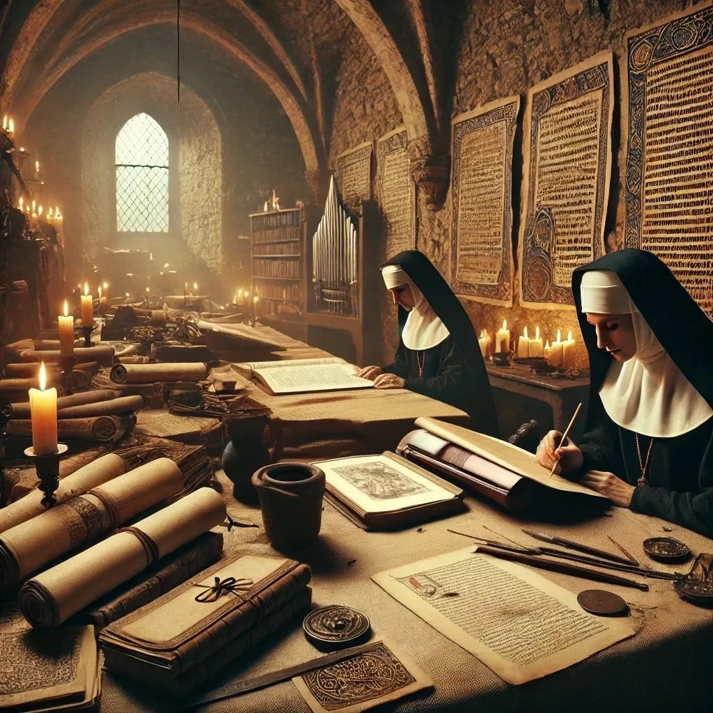 Imagen de la representación simbólica de dos monjas trabajando en un Scriptorium