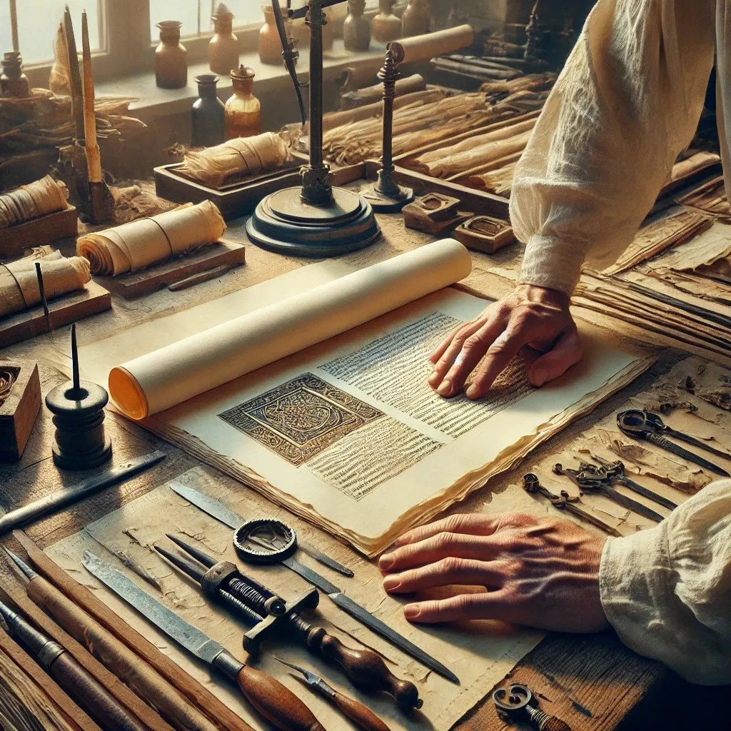 Imagen en la que se ven las manos de una persona trabajando sobre el papel que parece que va a utilizar para crear el facsímil. En la mesa se pueden observar las herramientas y los distintos tipos de soporte con los que trabaja.