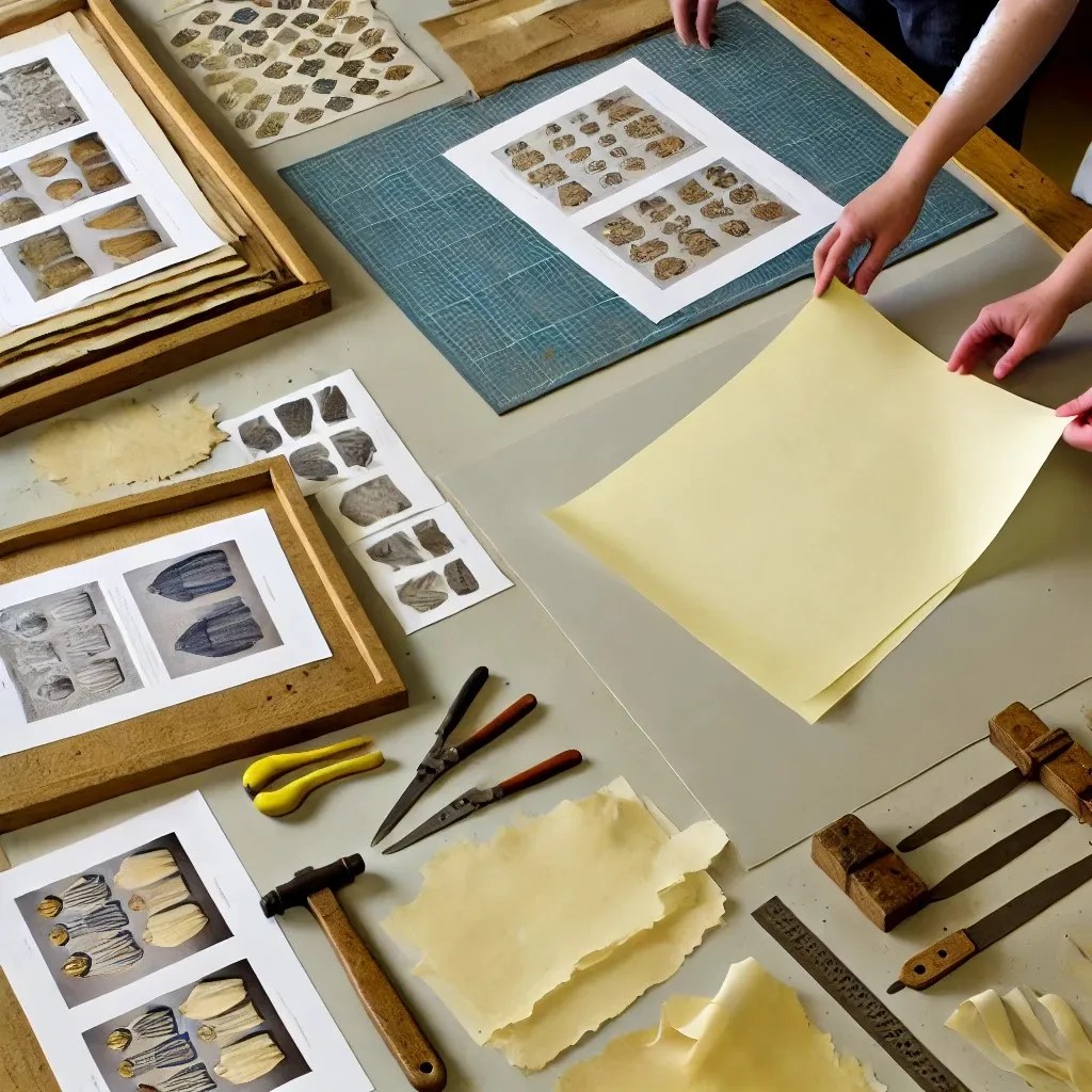 Imagen donde se ven diferentes muestras de soporte y las manos de unas personas eligiendo el que irán a usar para el facsímil.