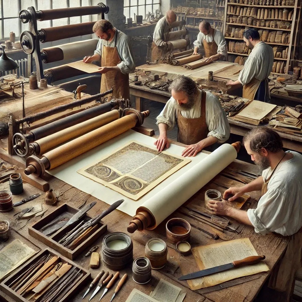 Imagen donde se ve a un grupo de trabajadores en un taller durante el proceso de selección del soporte. Se pueden apreciar los distintos tipos de máquinas y papeles que tienen para trabajar.