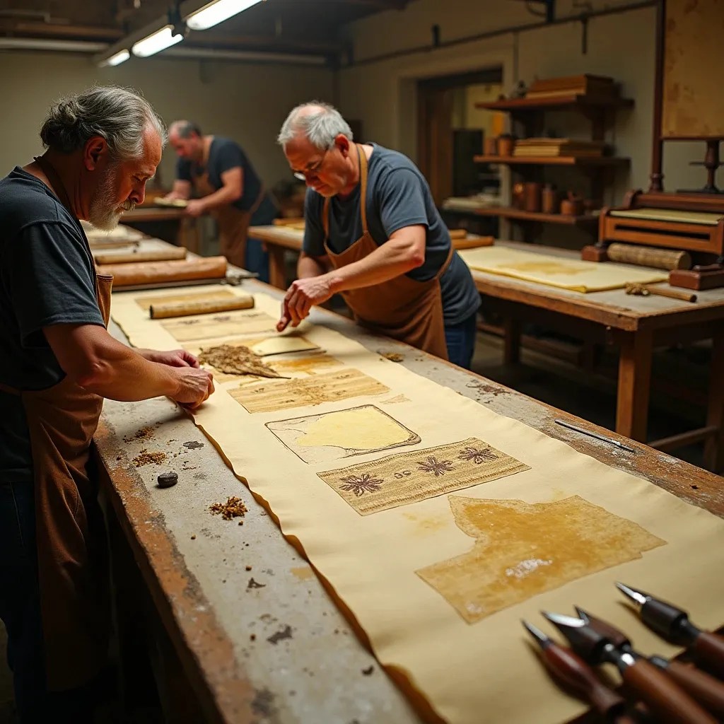 Representación de un taller donde se ve a unos hombres trabajando sobre lo que parece ser un pergamino preparando alguna de las hojas de un facsímil.