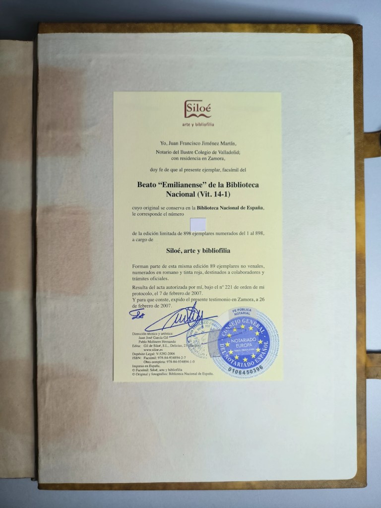Certificado Notarial del facsímil del Beato Emilianense de la Biblioteca Nacional, Editorial Siloé