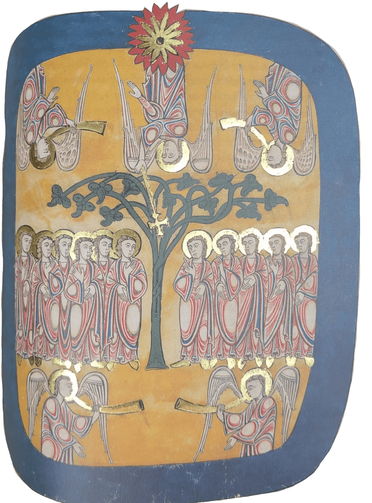 Imagen del facsímil del Beato del Monasterio de San Pedro de Cardeña: "Los cuatro ángeles deteniendo los cuatro vientos", Editorial Moleiro