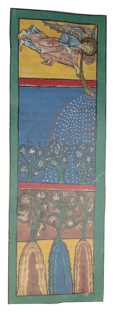 Imagen del facsímil del Beato del Monasterio de San Pedro de Cardeña: "El Ángel de la Primera Trompeta", Editorial Moleiro