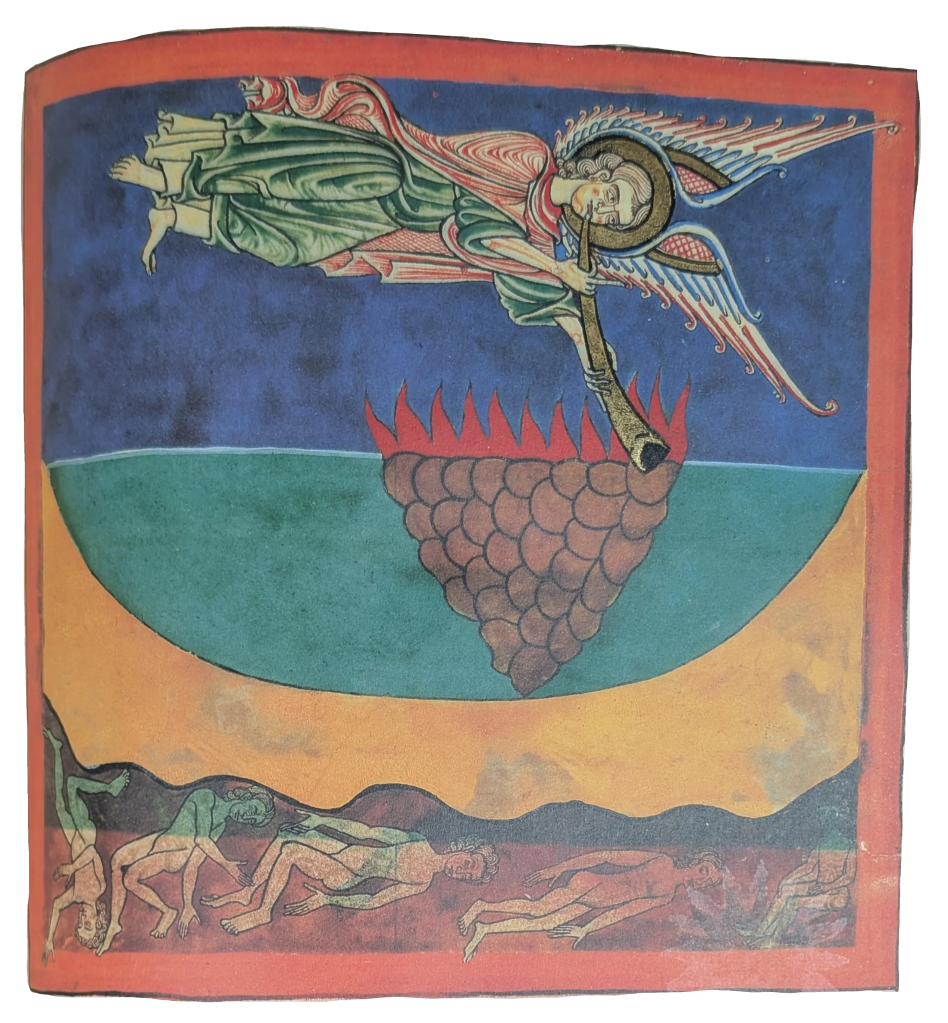 Imagen del facsímil del Beato del Monasterio de San Pedro de Cardeña: "El Ángel de la Segunda Trompeta, el monte en llamas arrojado al mar", Editorial Moleiro