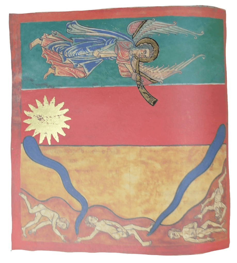 Imagen del facsímil del Beato del Monasterio de San Pedro de Cardeña: "El Ángel de la Tercera Trompeta, la estrella grande, ardiendo", Editorial Moleiro