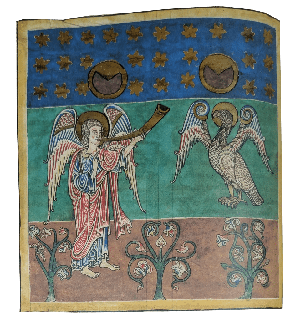 Imagen del facsímil del Beato del Monasterio de San Pedro de Cardeña: "El Ángel de la Cuarta Trompeta, el eclipse", Editorial Moleiro
