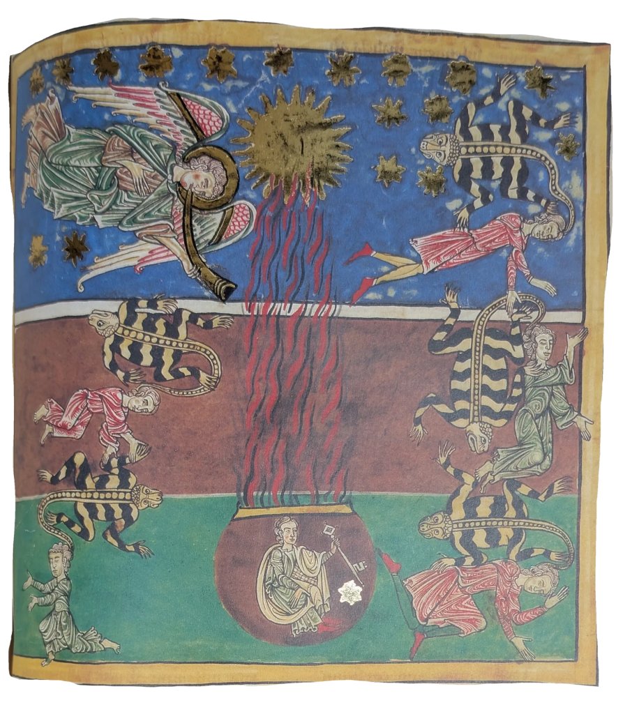 Imagen del facsímil del Beato del Monasterio de San Pedro de Cardeña: "El Ángel de la Quinta Trompeta", Editorial Moleiro