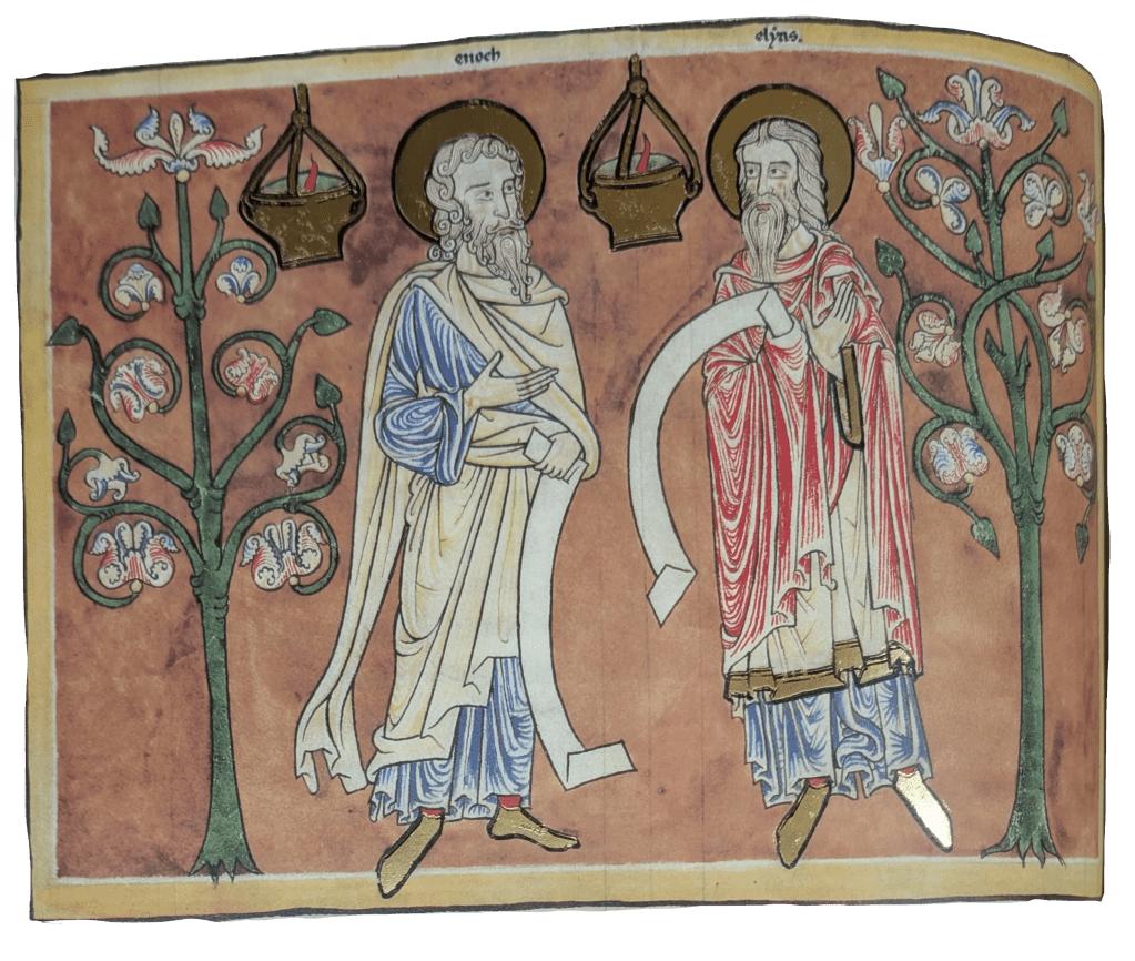 Imagen del facsímil del Beato del Monasterio de San Pedro de Cardeña: "Los dos Testigos, Enoch y Elías", Editorial Moleiro