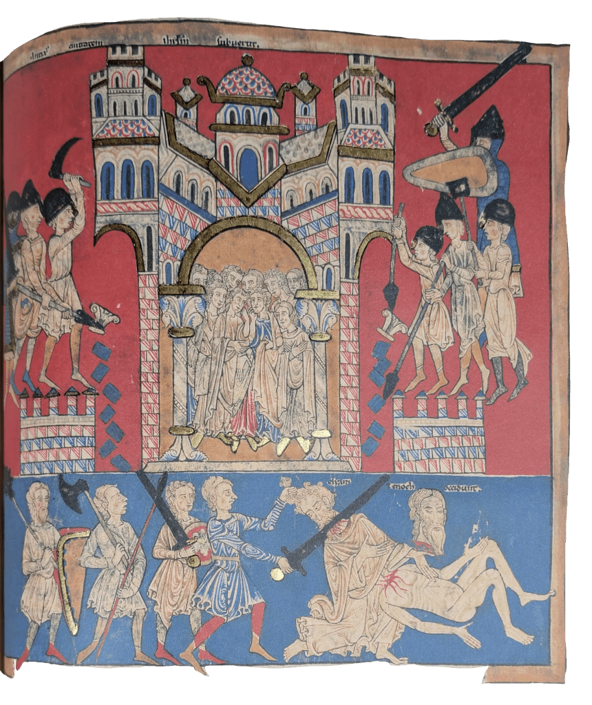 Imagen del facsímil del Beato del Monasterio de San Pedro de Cardeña: "El Anticristo da muerte a los dos Testigos", Editorial Moleiro