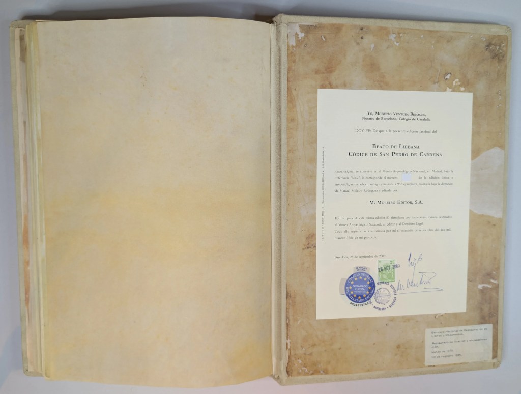 Página final y Certificado Notarial del facsímil del Beato del Monasterio de San Pedro de Cardeña, Editorial Moleiro