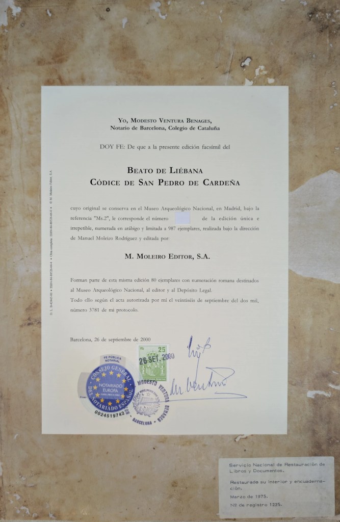 Certificado Notarial del facsímil del Beato del Monasterio de San Pedro de Cardeña, Editorial Moleiro