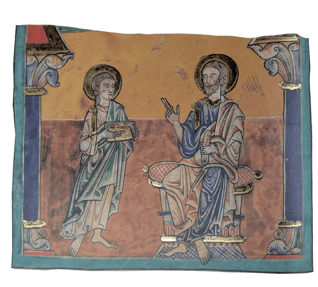 Imagen del facsímil del Beato del Monasterio de San Pedro de Cardeña: "Evangelista San Marcos entronizado y el testigo en pie", Editorial Moleiro