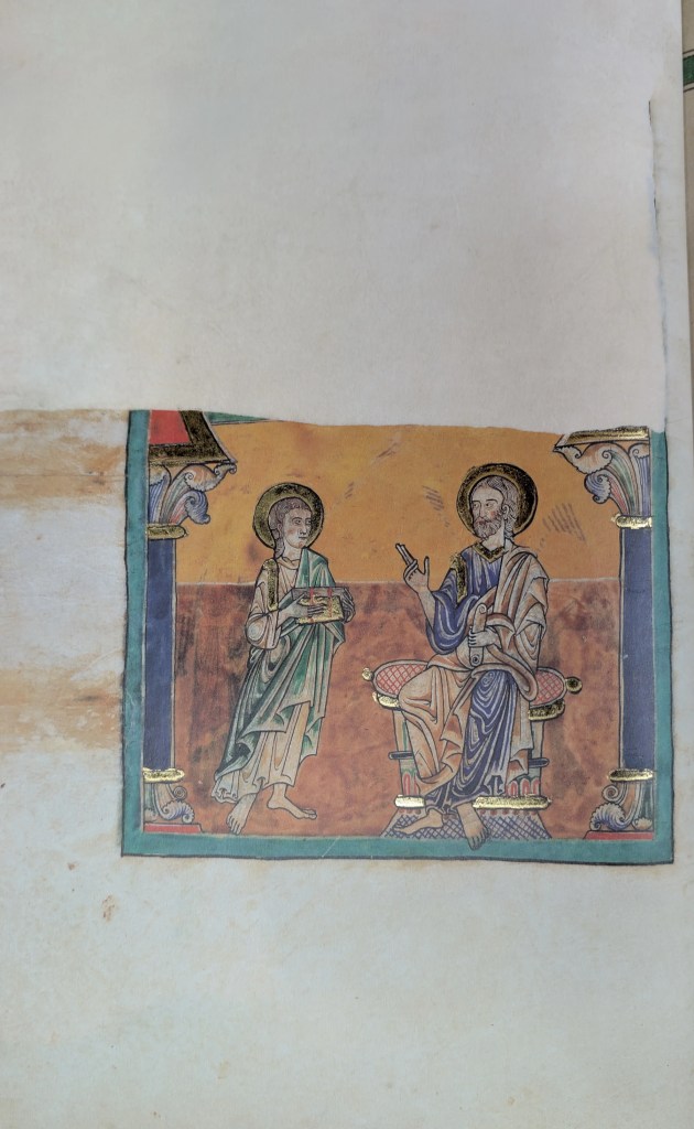 Imagen del facsímil del Beato del Monasterio de San Pedro de Cardeña: "Evangelista San Marcos entronizado y el testigo en pie", Editorial Moleiro