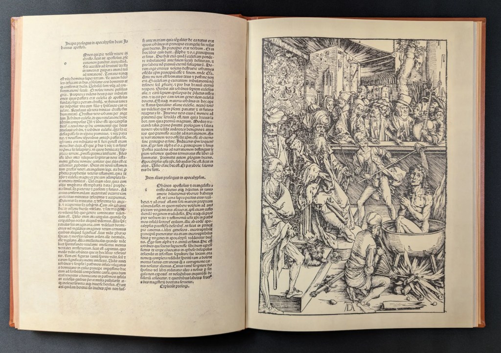 Imagen del facsímil del Apocalipsis de Alberto Durero: Estampa 1, El Martirio de San Juan Evangelista, Editorial cARTEm