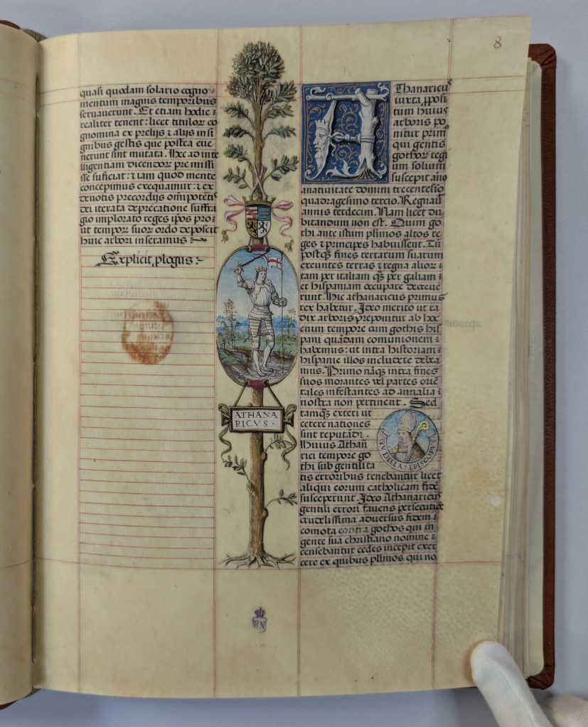 Imagen del facsímil del Libro de la Genealogía de los Reyes de España de Alfonso de Cartagena: Medallón del Rey Athanarico, Editorial Scriptorium
