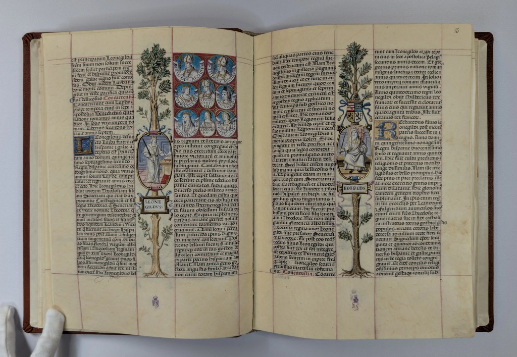 Imagen del facsímil del Libro de la Genealogía de los Reyes de España de Alfonso de Cartagena: Medallones de los Reyes Leovigildo y Recaredo, Editorial Scriptorium