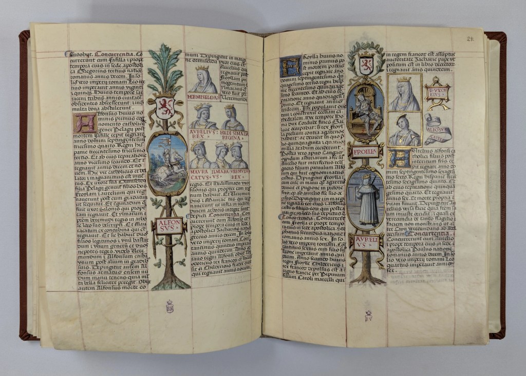 Imagen del facsímil del Libro de la Genealogía de los Reyes de España de Alfonso de Cartagena: Medallones de los Reyes Alfonso I, Froila I y Aurelio, Editorial Scriptorium