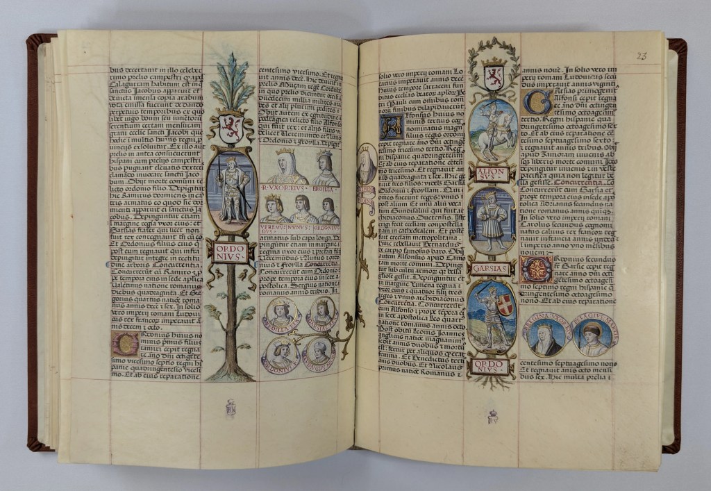 Imagen del facsímil del Libro de la Genealogía de los Reyes de España de Alfonso de Cartagena: Medallones de los Reyes Ordoño, Alfonso III, García y Ordoño II, Editorial Scriptorium